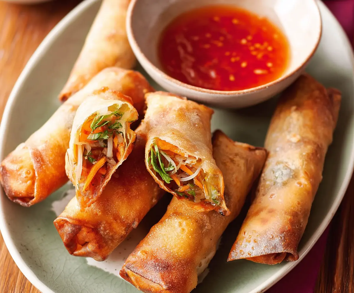Crispy Air Fryer Spring Rolls served with dipping sauce on a white plate.