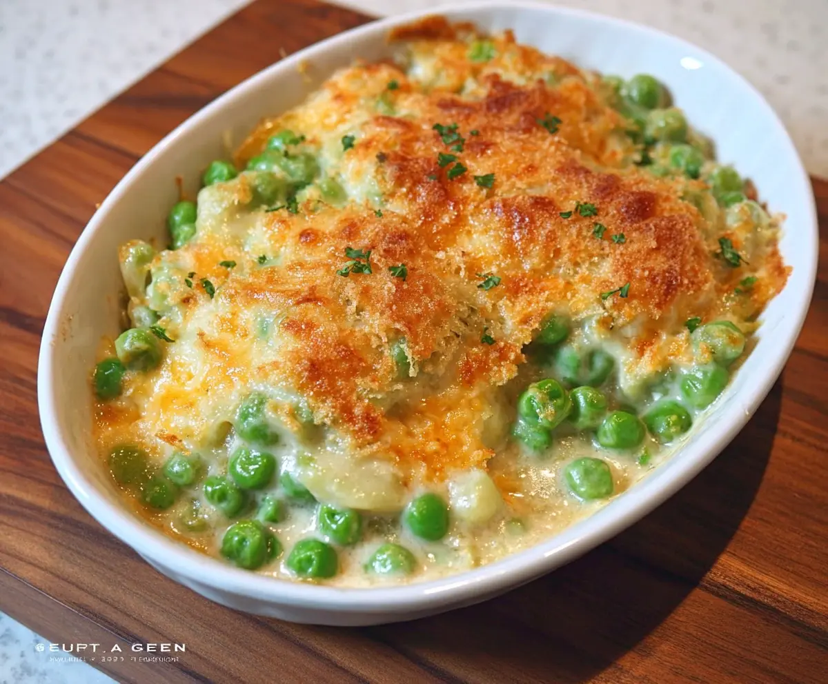 Delicious Au Gratin Creamed Peas served in a rustic dish, topped with melted cheese and herbs.