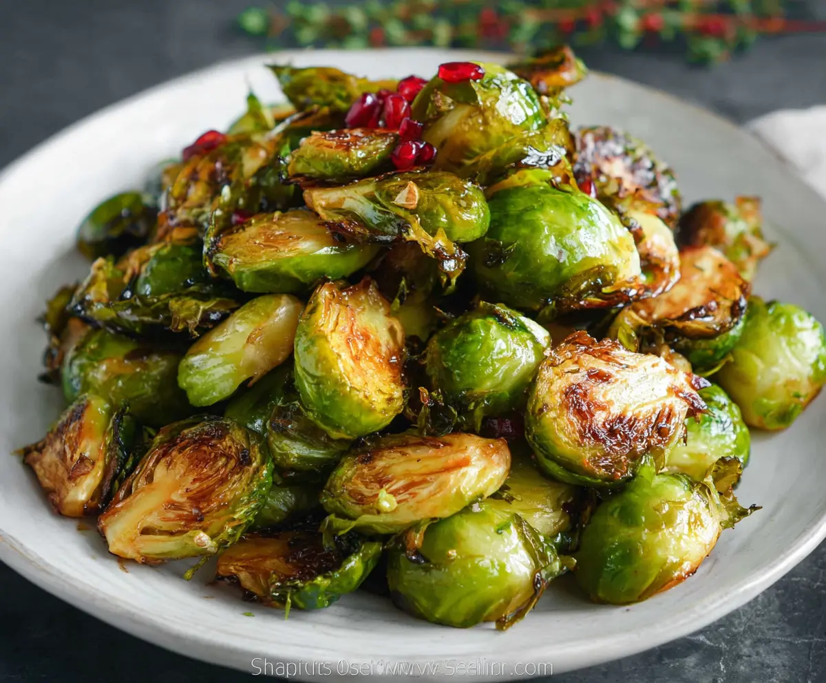 Delicious roasted Brussels sprouts drizzled with balsamic glaze, perfect as a healthy side dish.