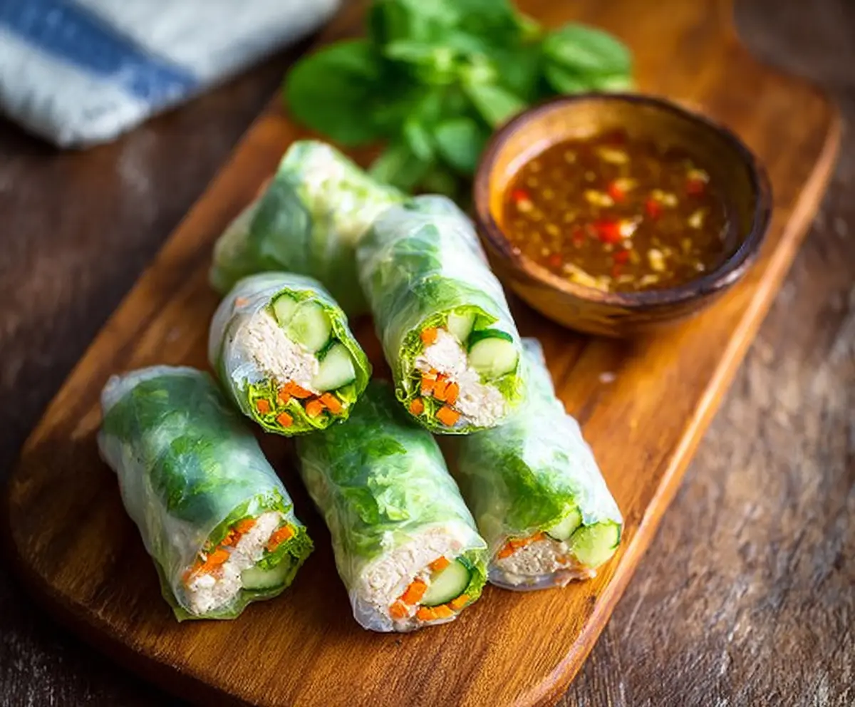 Delicious Bang Bang Chicken Rice Paper Rolls with fresh vegetables and flavorful sauce.