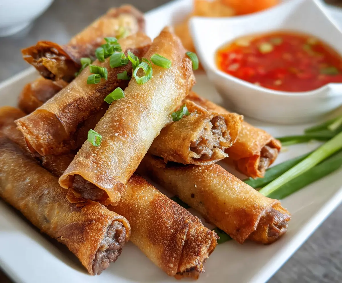 Crispy beef lumpia rolls served with fresh dipping sauce on a plate