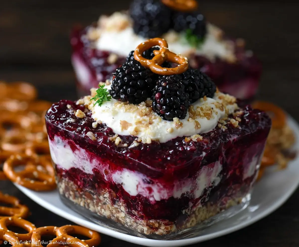 Delicious Blackberry Pretzel Dessert with fresh blackberries and crunchy pretzels on top.