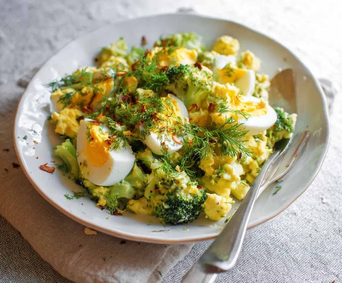 Creamy broccoli egg salad with fresh greens and herbs
