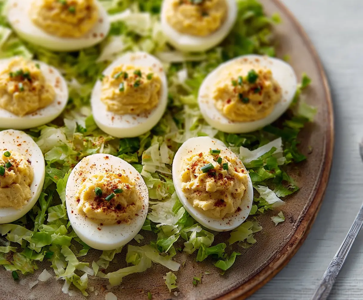 Delicious Caesar Deviled Eggs with creamy filling and garnished with herbs on a platter.
