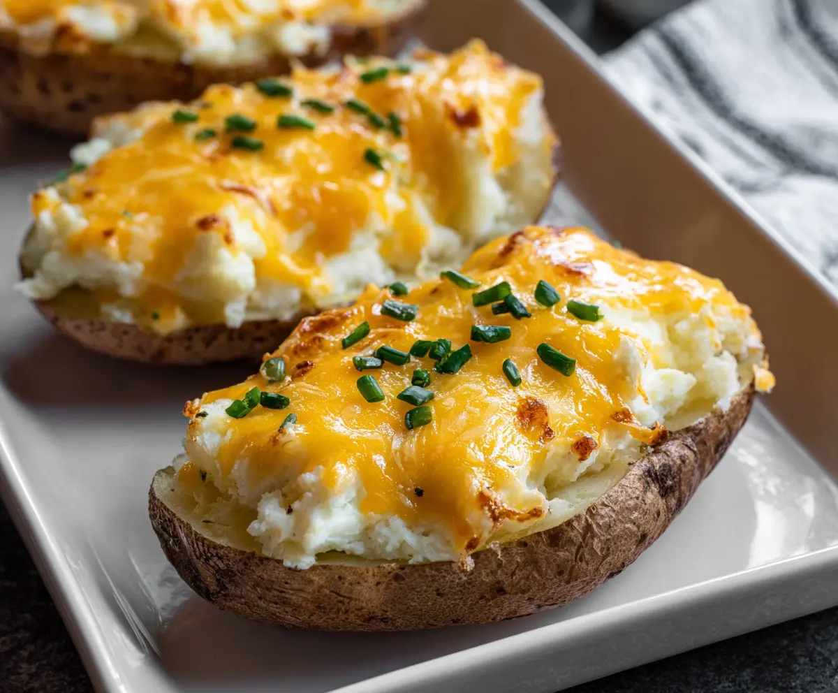 Golden cheesy baked potatoes topped with melted cheese and herbs, perfect for a comforting meal.