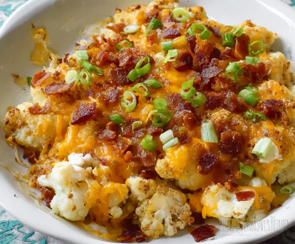 Delicious cheesy loaded cauliflower casserole with melted cheese and crispy toppings served in a baking dish.
