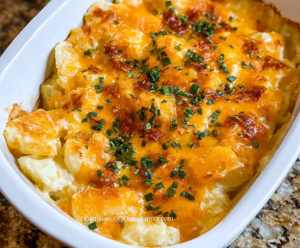 Delicious cheesy potato casserole with melted cheese and crispy topping, perfect for comfort food.