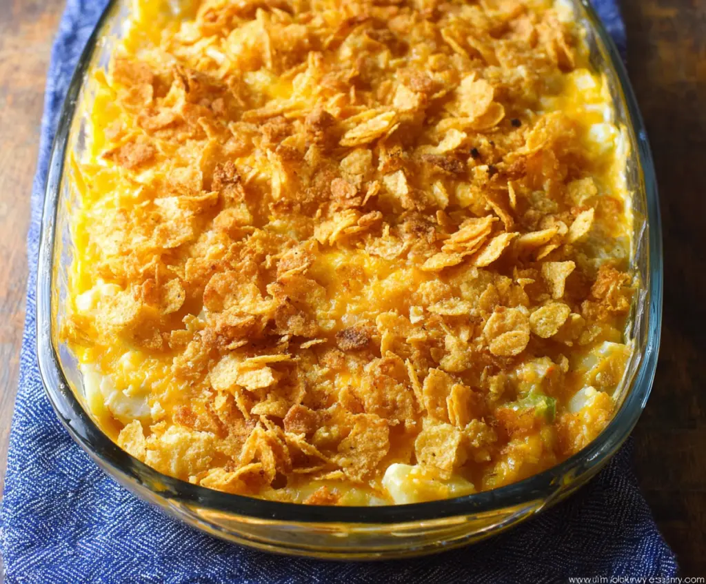Delicious cheesy potatoes topped with crispy corn flakes, perfect for a comforting meal.