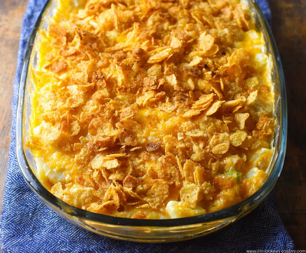Delicious cheesy potatoes topped with crispy corn flakes, perfect for a comforting meal.