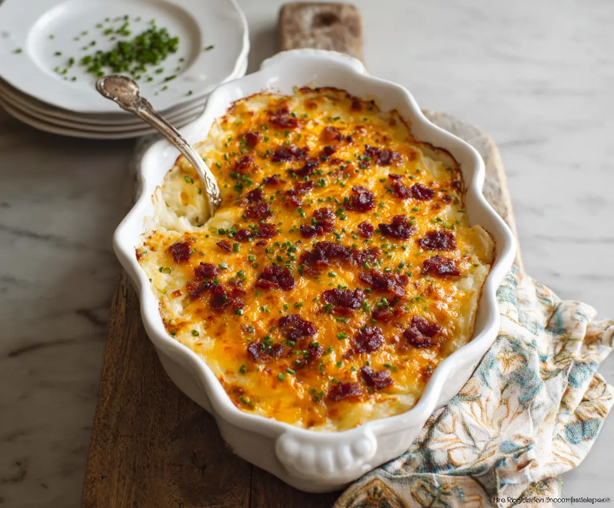 Delicious Cheesy Ranch Potato Casserole with melted cheese and creamy ranch dressing