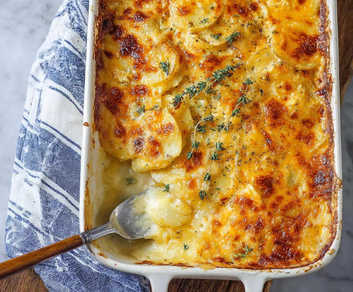 Delicious cheesy scalloped potatoes bake with melted cheese and crispy edges.