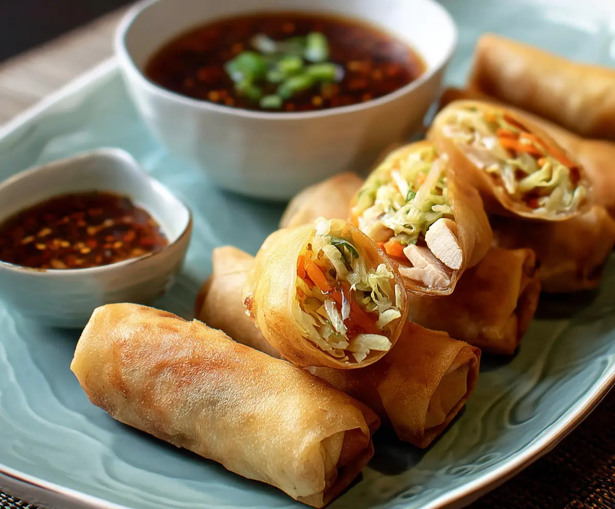 Crispy Chicken Spring Rolls with fresh herbs and dipping sauce on a white plate