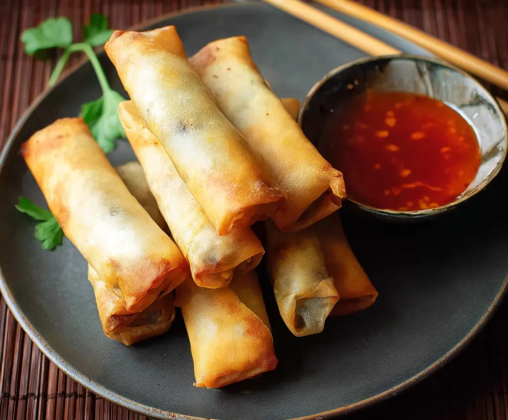Crispy Chinese spring rolls filled with vegetables and served with dipping sauce.