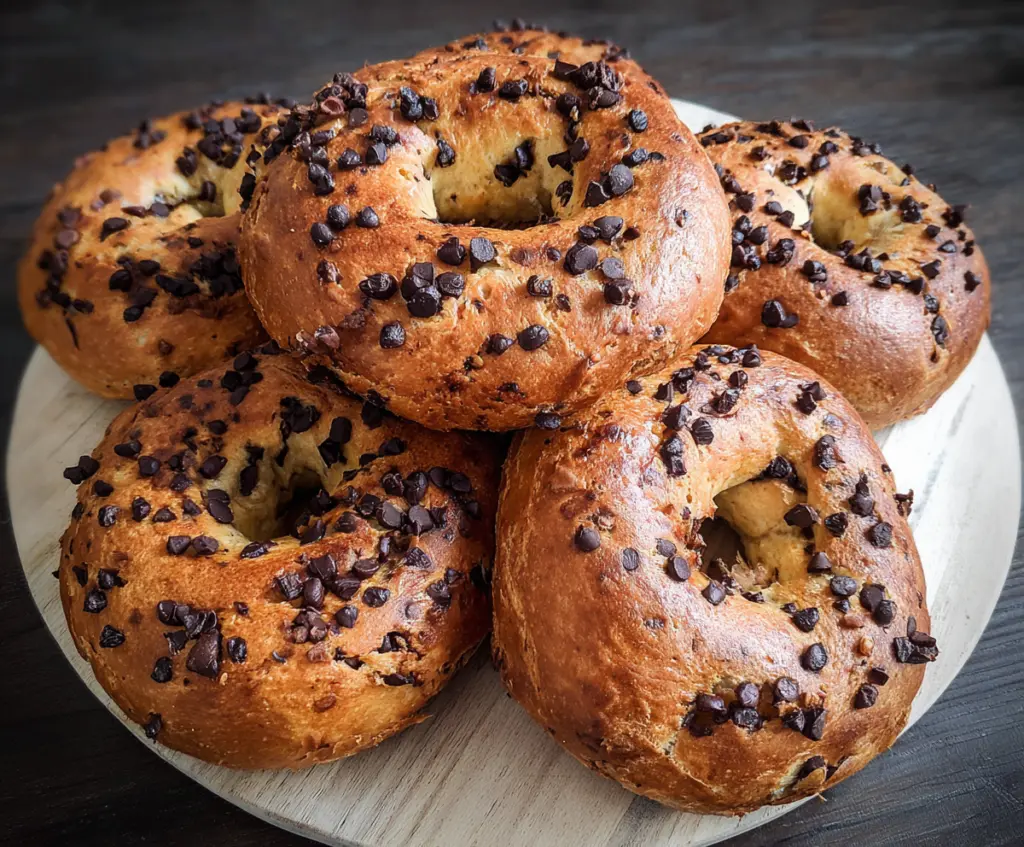 Delicious homemade chocolate chip bagels on a plate, perfect for breakfast or a snack.