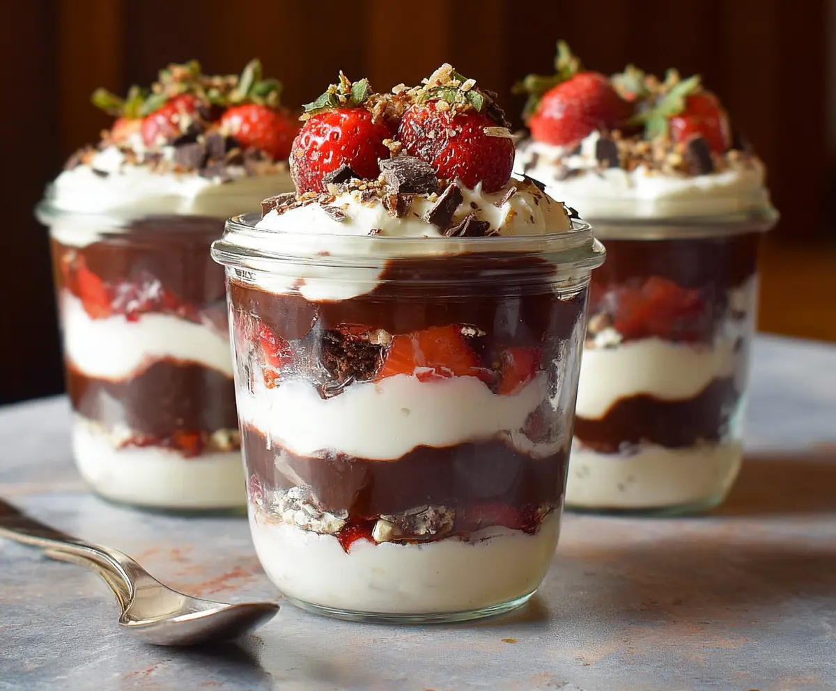 Delicious Chocolate Strawberry Cake Parfaits layered with fresh strawberries and rich chocolate mousse