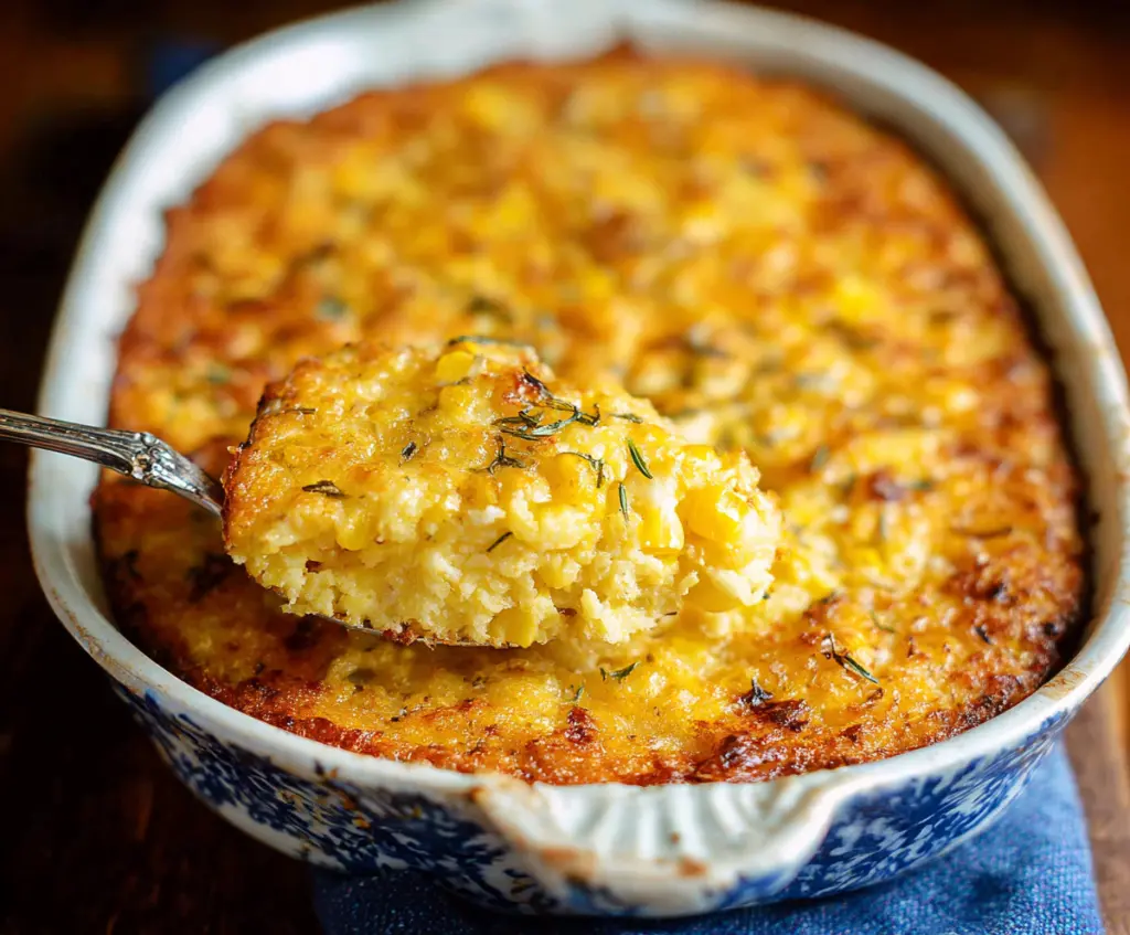 Creamy corn casserole dish with golden-brown crust, perfect for holiday dinners.