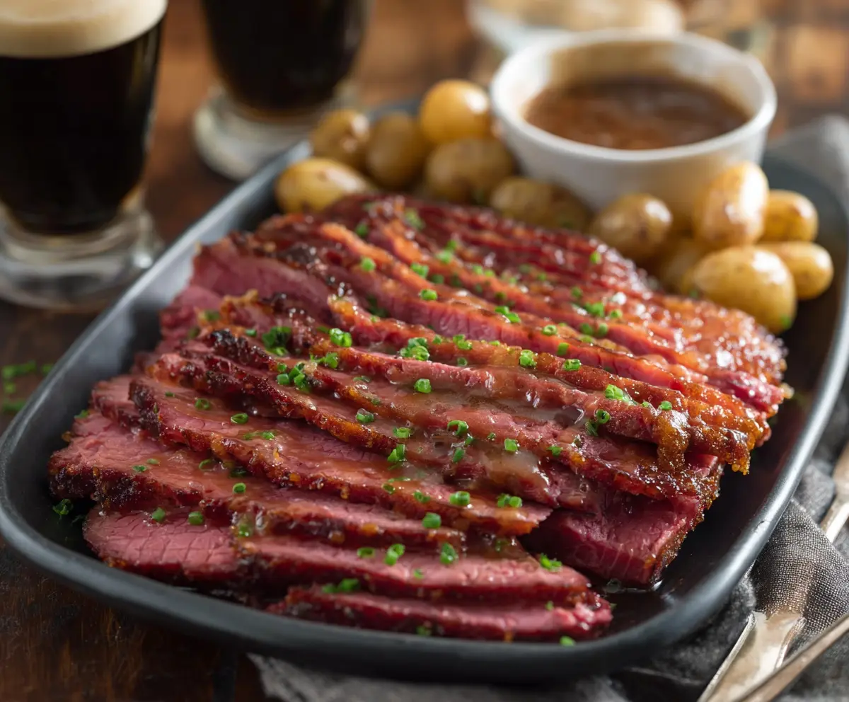 Delicious corned beef with a glossy beer glaze served on a plate