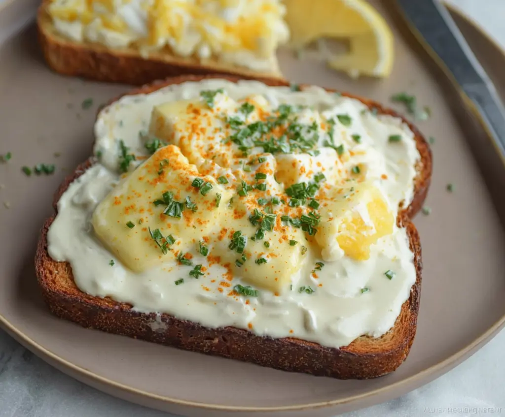 Creamed eggs served on toasted bread for a delicious breakfast