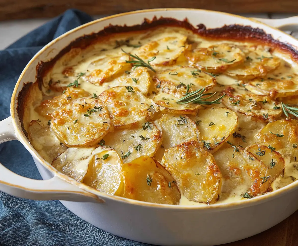 Delicious creamy au gratin potatoes baked with cheese and herbs, ready to serve as a comforting side dish.