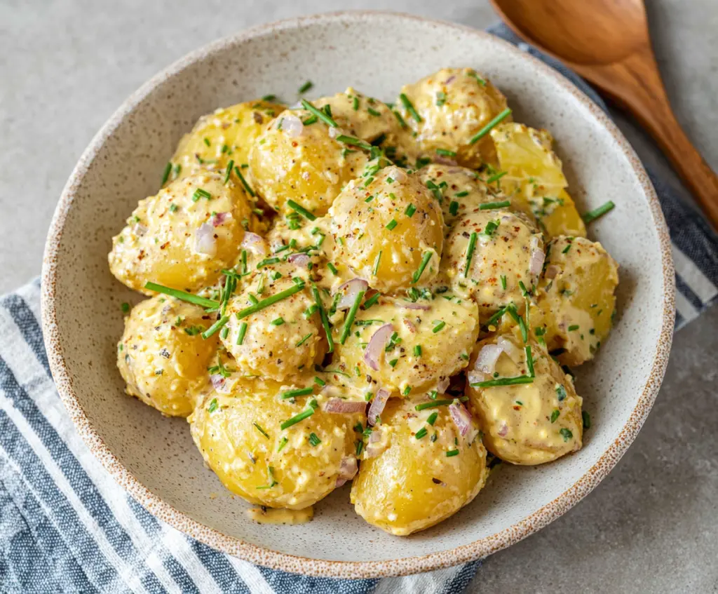 Creamy mustard potatoes served as a delicious side dish with a creamy coating and mustard flavor.