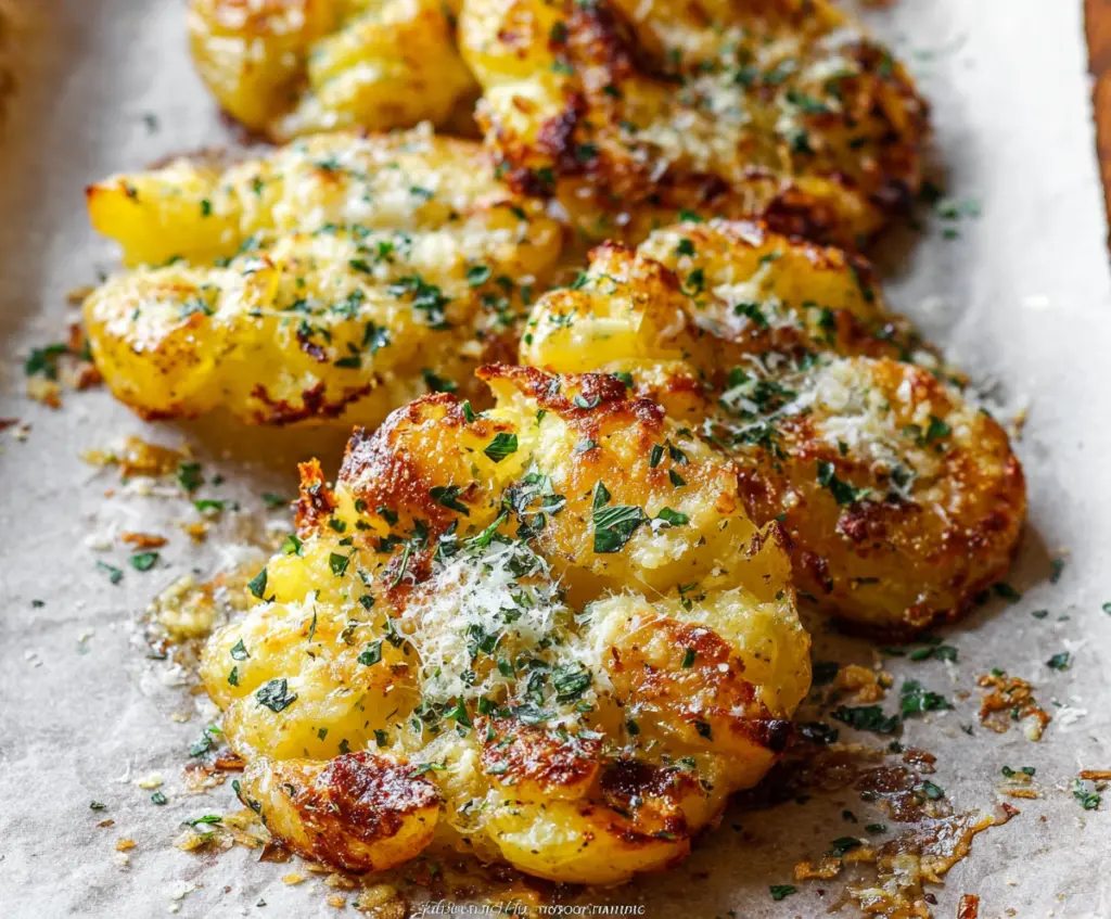 Crispy garlic butter parmesan smashed potatoes served on a plate