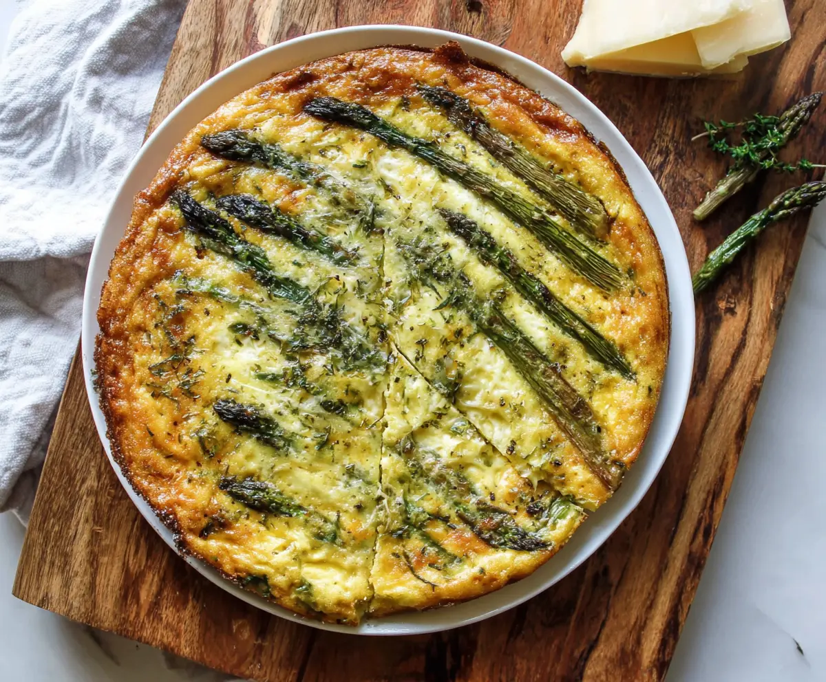 Delicious crustless asparagus quiche garnished with fresh herbs, perfect for a light brunch or lunch.