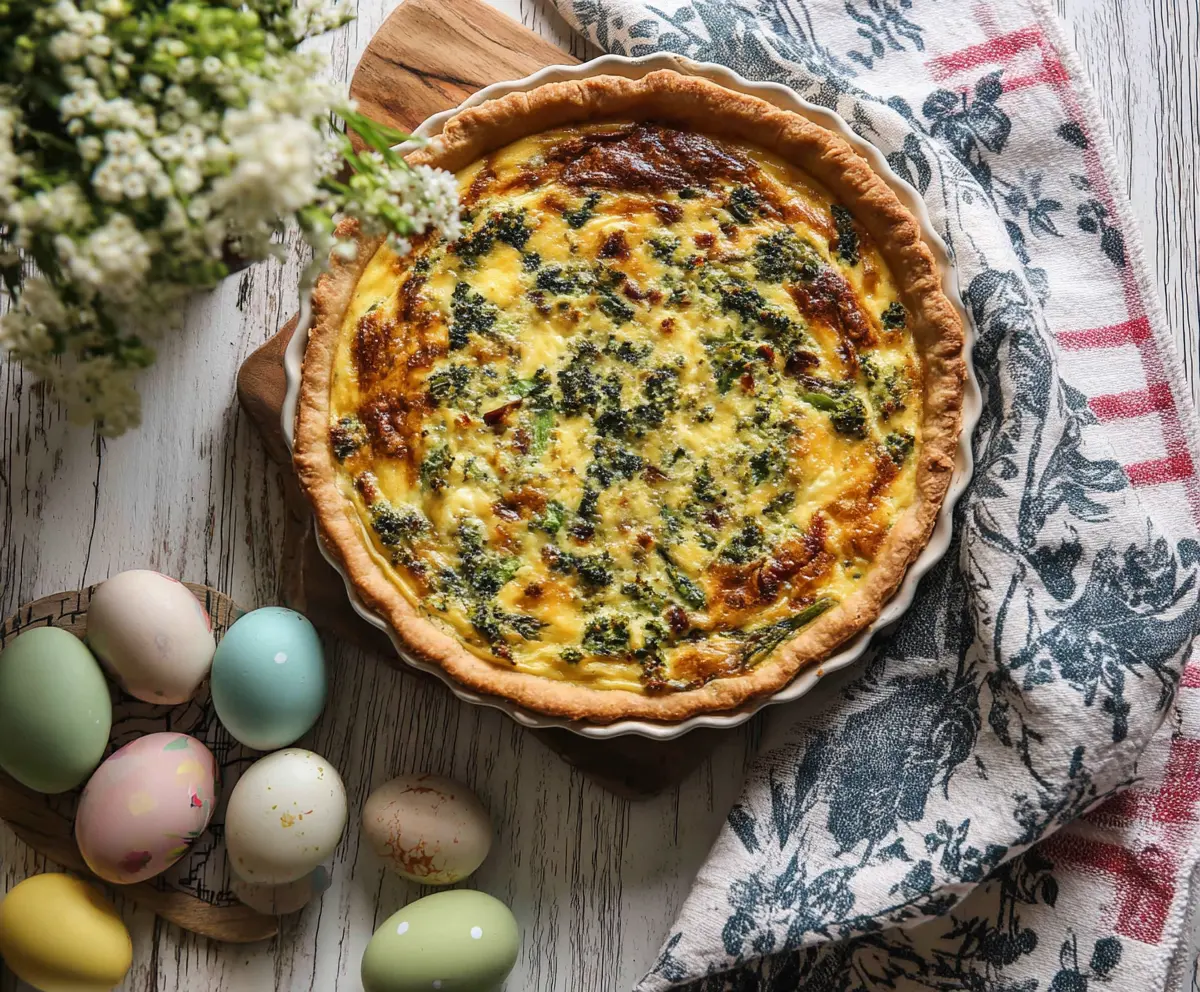 Delicious Easter brunch quiche with fresh vegetables and melted cheese on a festive plate.