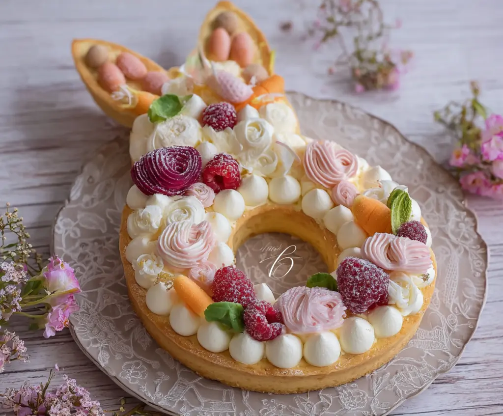 Delicious Easter Bunny Cream Tart with colorful decorations and a crispy crust.
