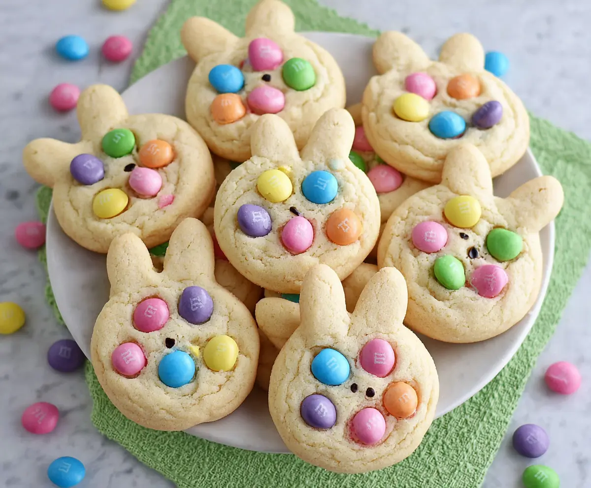 Delicious Easter Bunny M&M's Cookies featuring colorful candy decorations perfect for spring celebrations