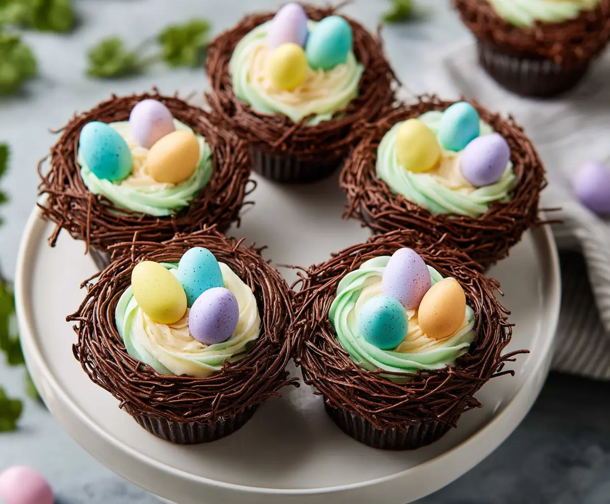 Delicious Easter Egg Nest Cupcakes decorated with colorful candies and frosting for celebration.