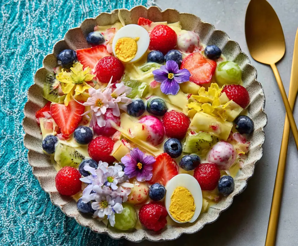 Colorful Easter Fruit Salad with fresh strawberries grapes and sliced melon in a clear glass bowl.