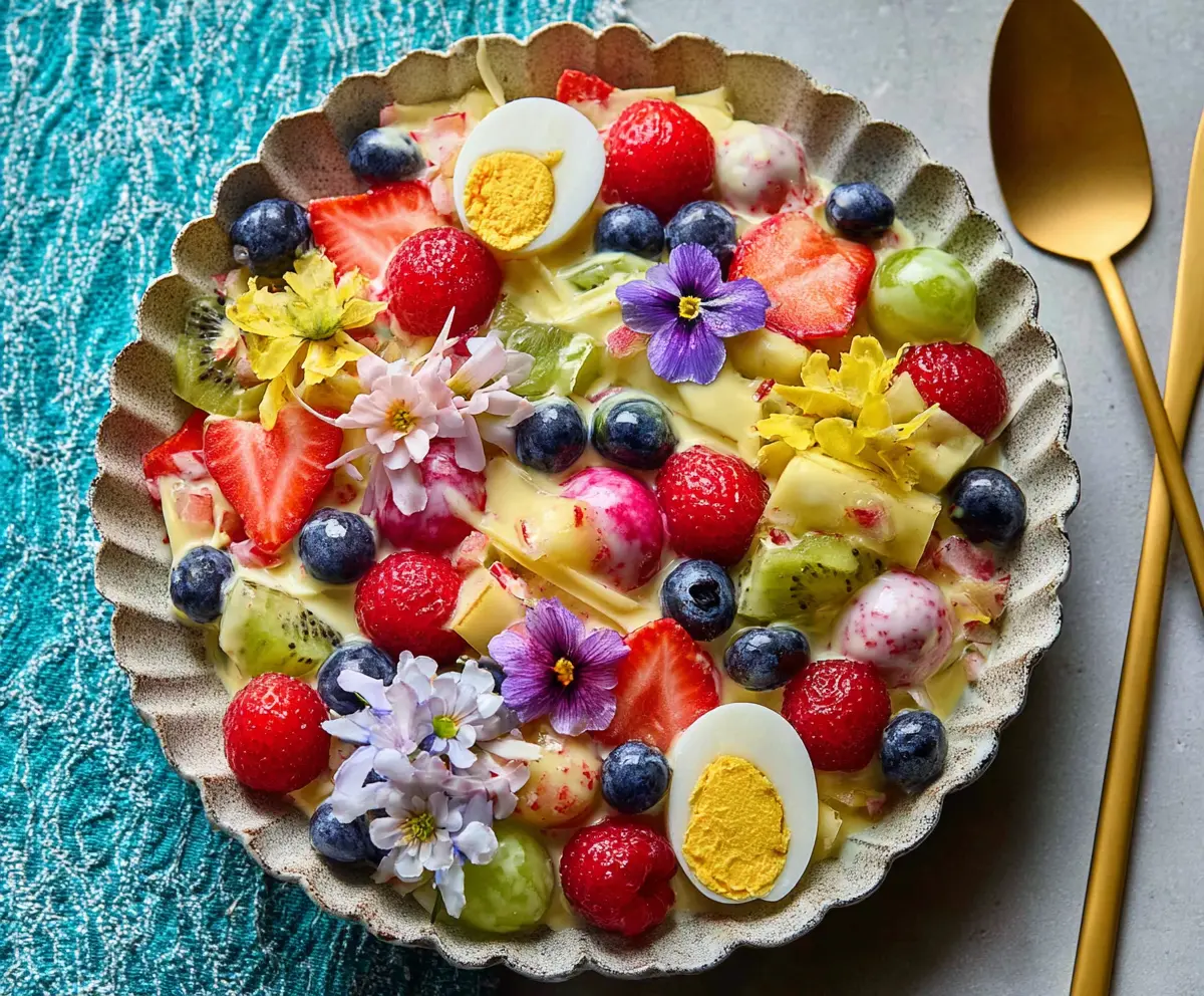 Colorful Easter Fruit Salad with fresh strawberries grapes and sliced melon in a clear glass bowl.