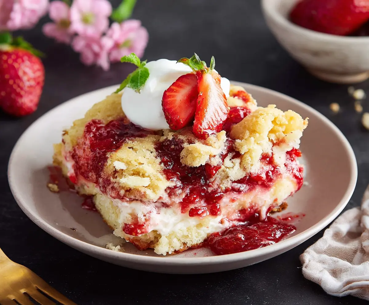 Delicious Easter Strawberry Cheesecake Dump Cake topped with fresh strawberries and whipped cream.