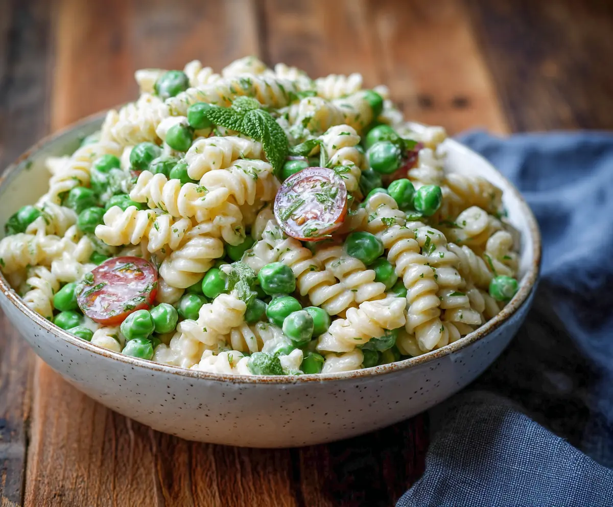 Fresh English Pea Pasta Salad with vibrant vegetables and herbs