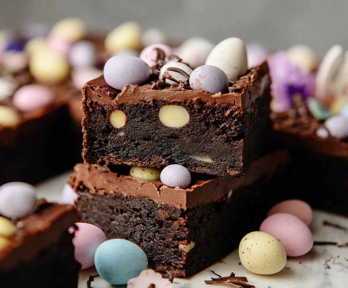 Delicious Frosted Mini Egg Easter Brownies decorated with colorful mini eggs for Easter celebration.