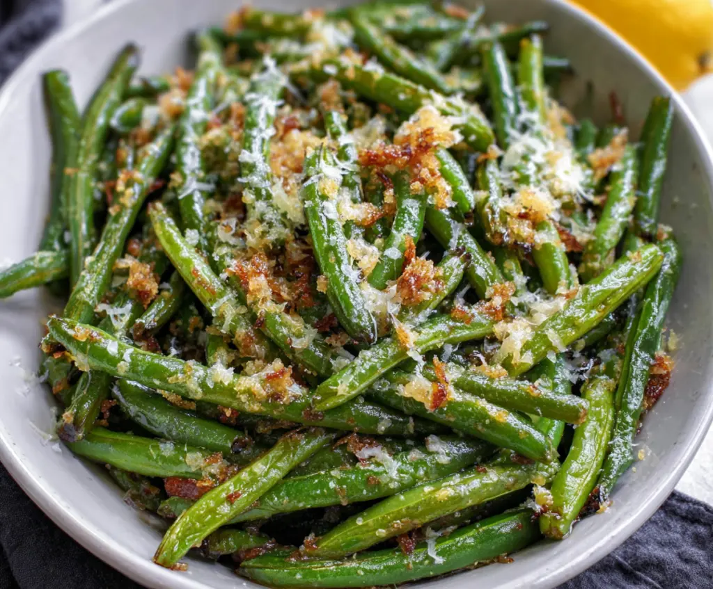 Delicious garlic Parmesan green beans, perfectly cooked with fresh garlic and melted Parmesan cheese.