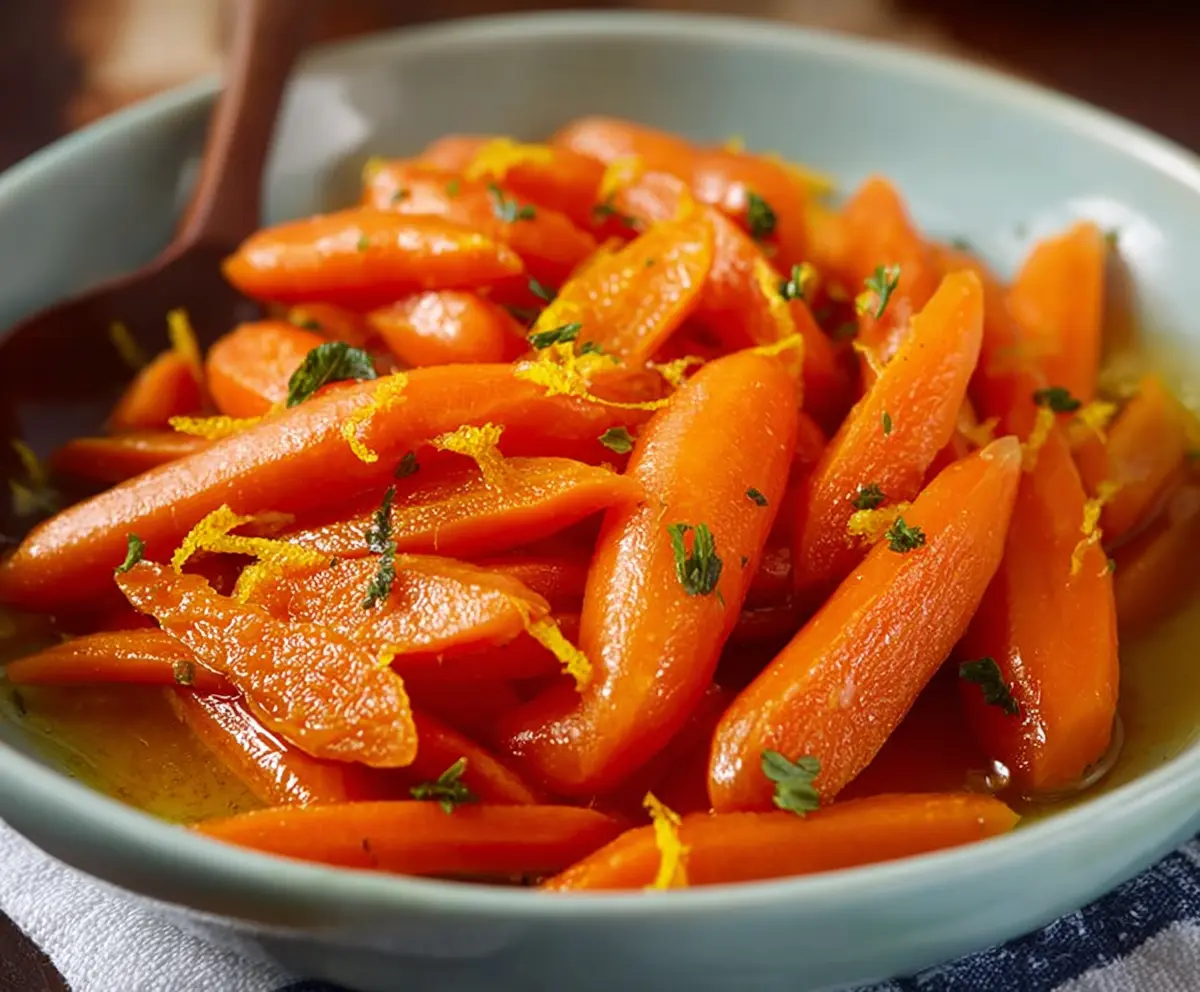 Delicious glazed carrots with fresh orange slices and ginger pieces on a white plate.