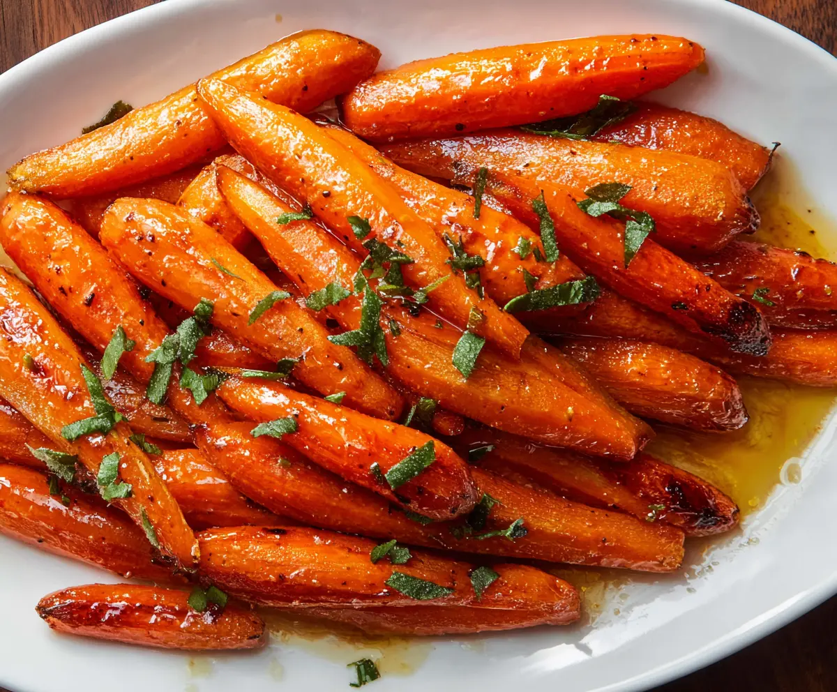 Delicious honey glazed carrots served on a white plate, garnished with fresh herbs.