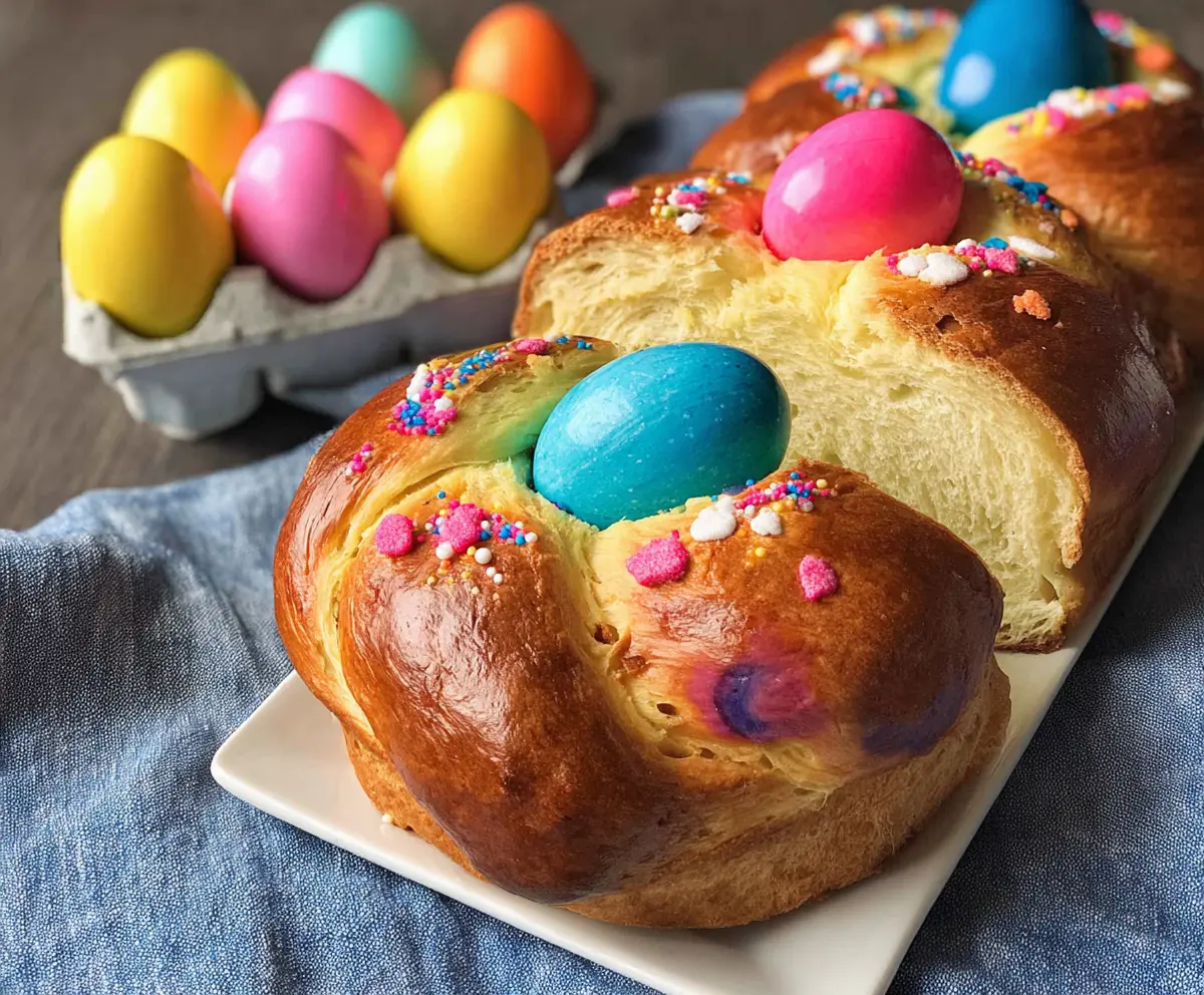 Delicious Italian Easter bread topped with colorful eggs, perfect for spring celebrations.