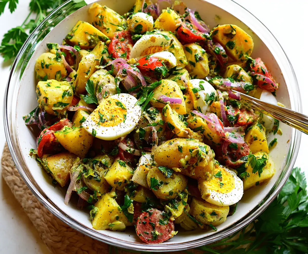 Delicious Italian Easter Potato Salad with fresh herbs and colorful vegetables