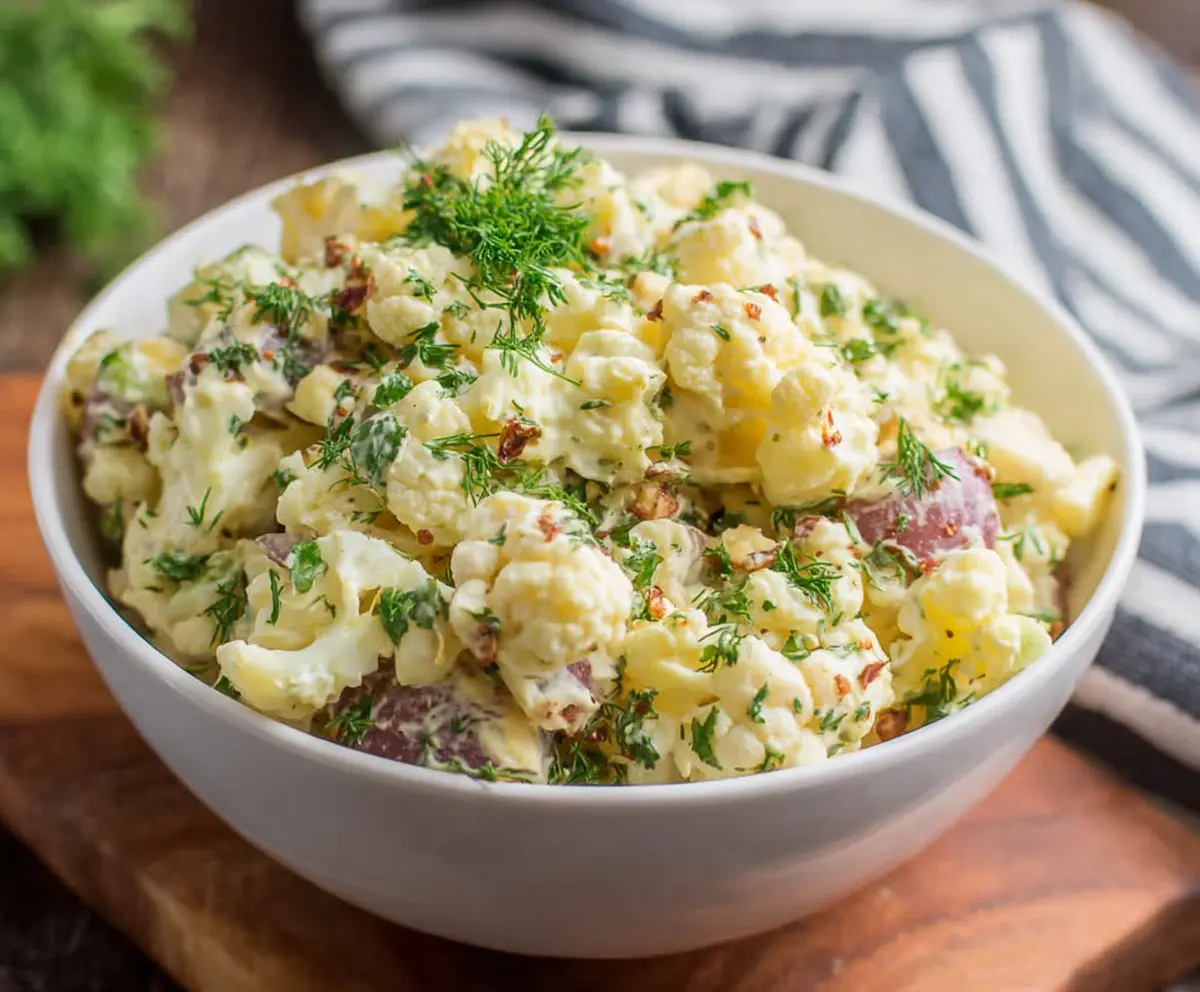 Keto Cauliflower Potato Salad served in a bowl, demonstrating low-carb healthy summer side dish