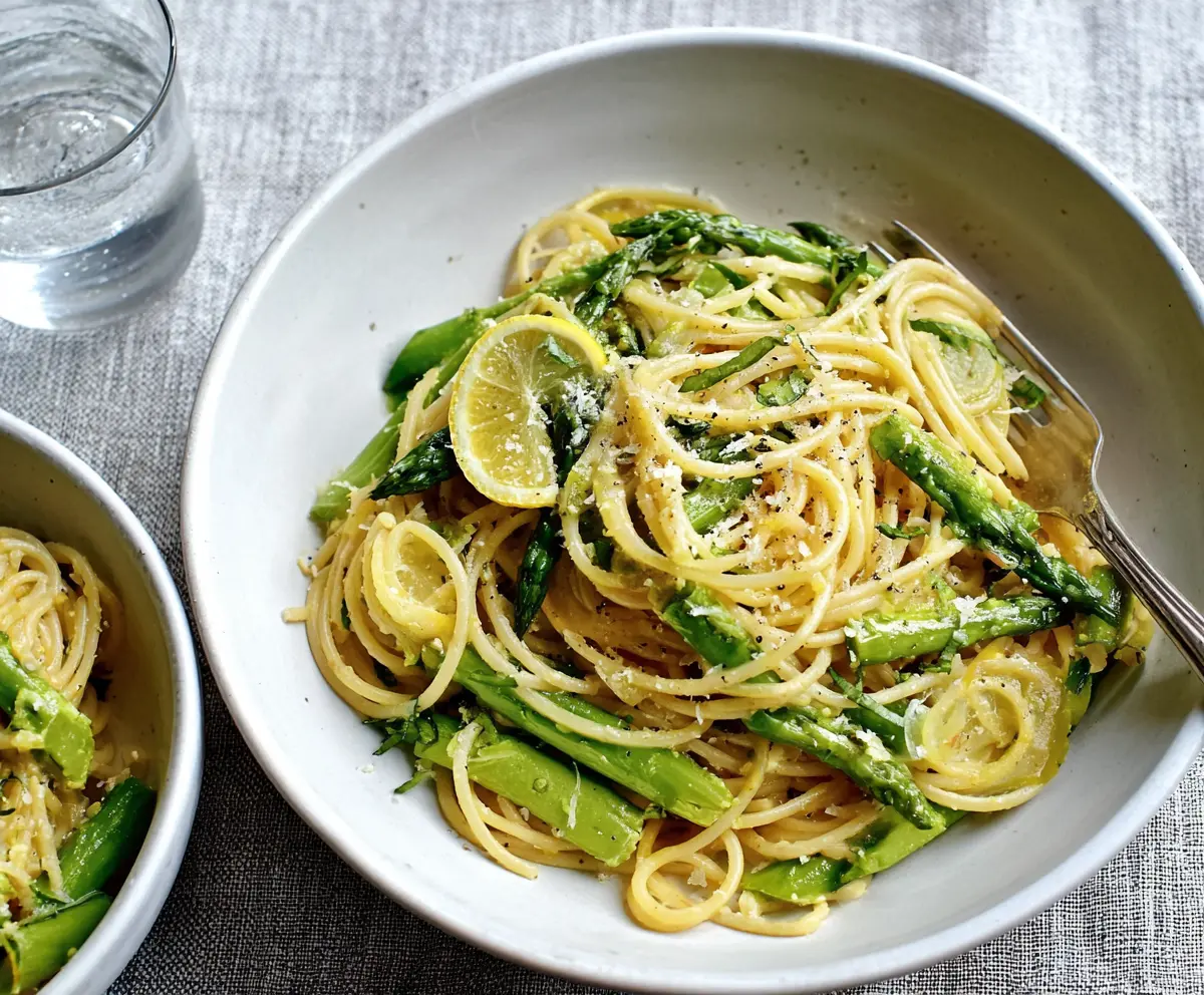 Delicious lemon asparagus pasta dish with fresh ingredients and vibrant colors