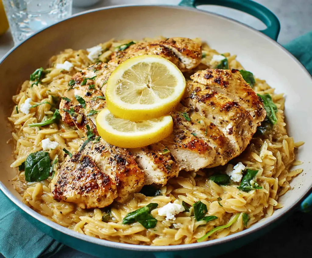 Delicious Lemon Chicken served with Orzo pasta on a white plate, garnished with fresh herbs.