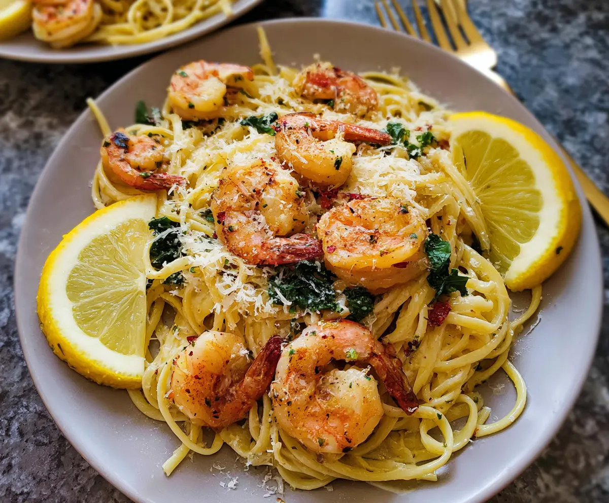 Delicious Lemon Garlic Shrimp Pasta served on a plate with fresh herbs.
