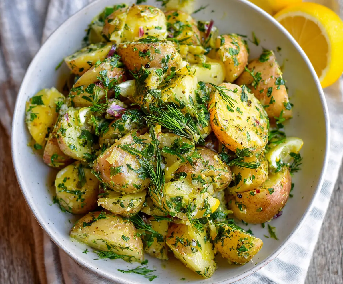 Fresh Lemon Herb Potato Salad with herbs and lemon slices, perfect for summer picnics.