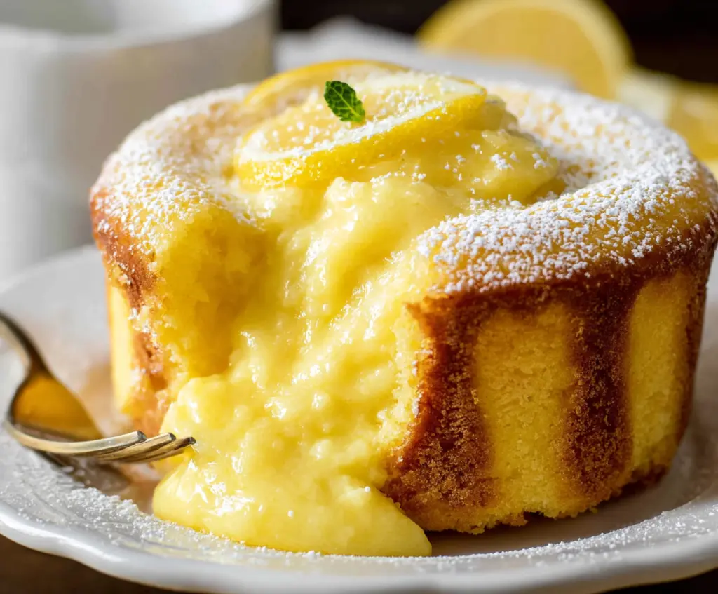 Delicious Lemon Pudding Cake with a glossy lemon glaze and a garnish of fresh lemon slices.