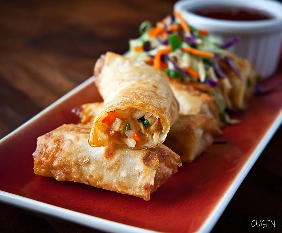 Delicious Lo Mein Spring Rolls filled with vegetables and noodles, ready to serve as a tasty appetizer.