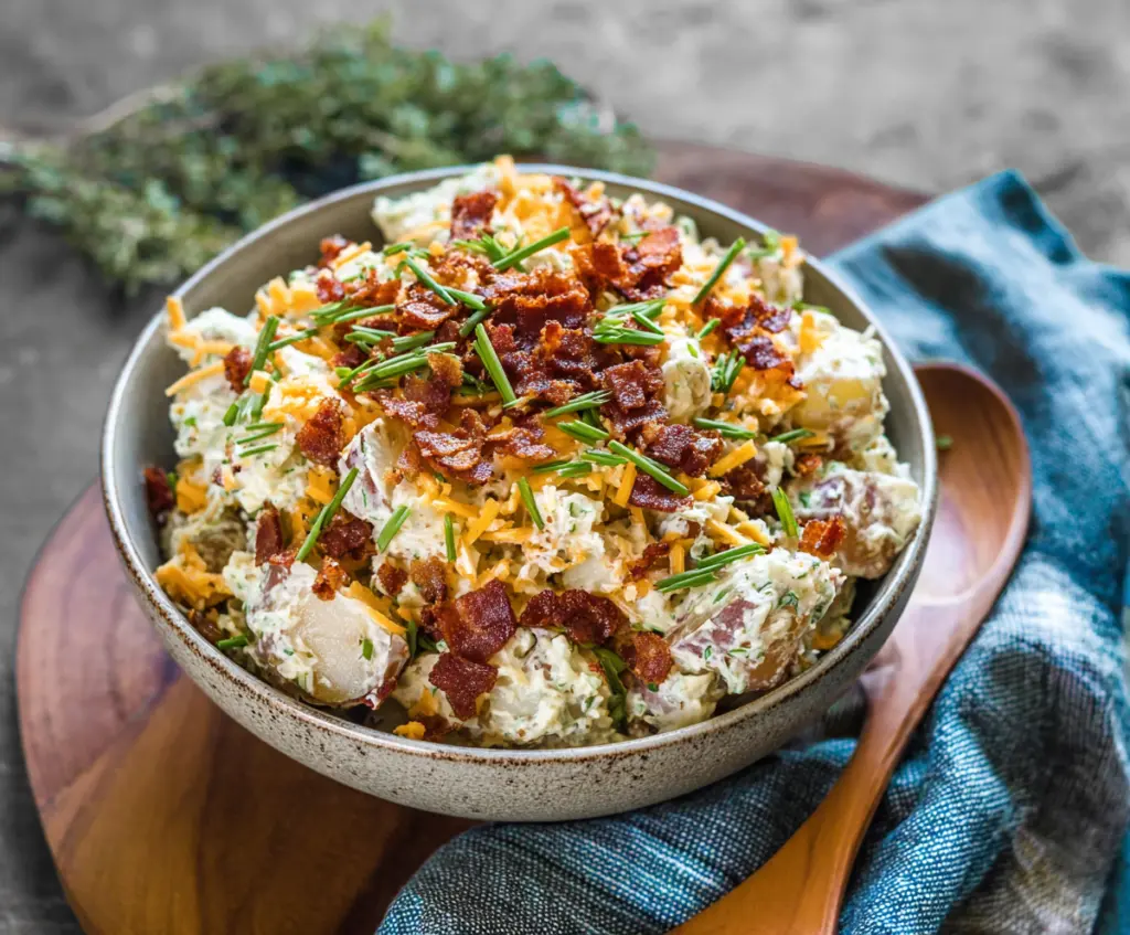Delicious loaded potato salad with cheese bacon and green onions