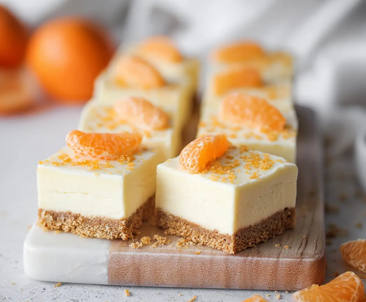 Creamy orange creamsicle cheesecake bars with a smooth, citrus-infused topping and graham cracker crust