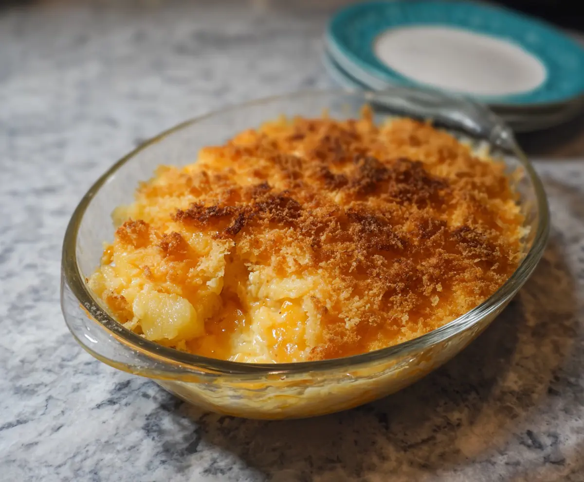 Delicious pineapple cheese casserole served in a baking dish, topped with melted cheese and fresh pineapple slices.